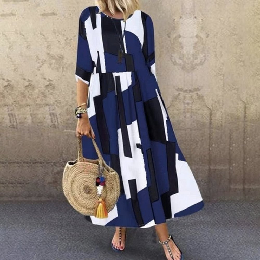 Blue Half Sleeve Geometric Midi Dress