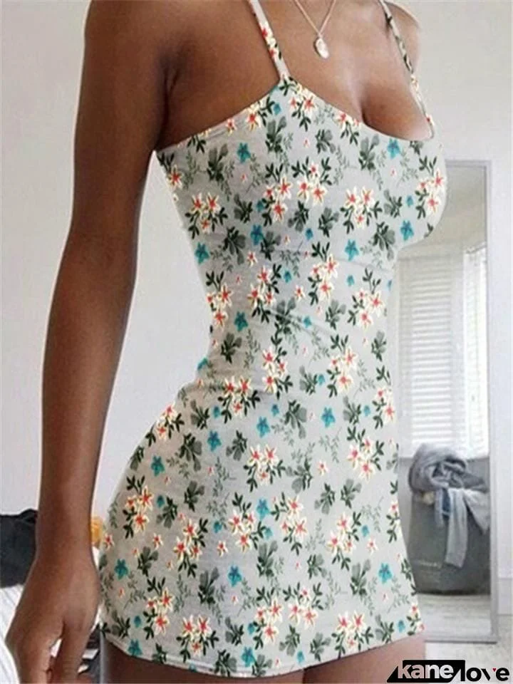 Slim Fit Square Neck Floral Printed Spaghetti Strap Bodycon Dress