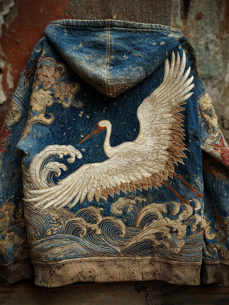 Vintage Japanese Crane Art Men's Hooded Sweatshirt  artssus
