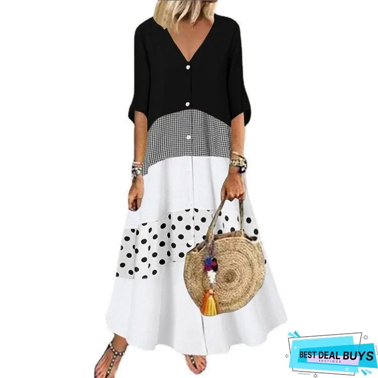 Women's A-Line Dress Maxi Long Dress - Long Sleeve Polka Dot Patchwork Print Spring Fall Plus Size Hot Casual Holiday Vacation Dresses Loose Black Red Yellow Black Dresses