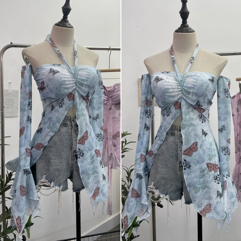 Uveng Horn Long Sleeve Bra Strap Bow With Chest Cushion Net Yarn Irregular Open Fork Tat 6612