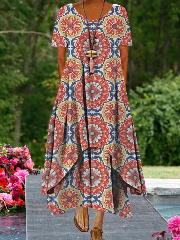 Fashion Round Neck Short Sleeve Print Plus Size Maxi Dress P181145117