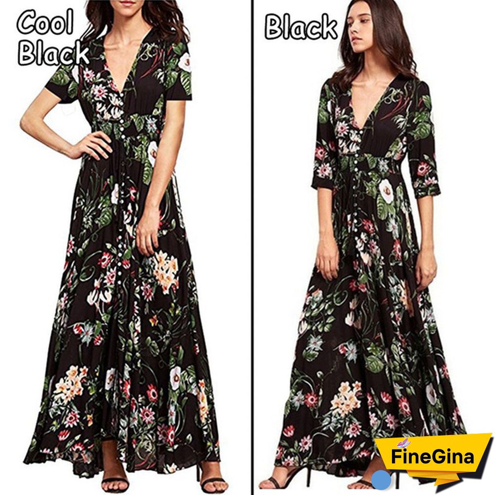 Womens Fashion Bohemian V Neck Print Big Swing Long Dress Plus Size
