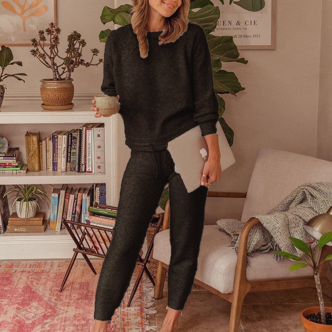 Casual solid color crew neck two-piece set