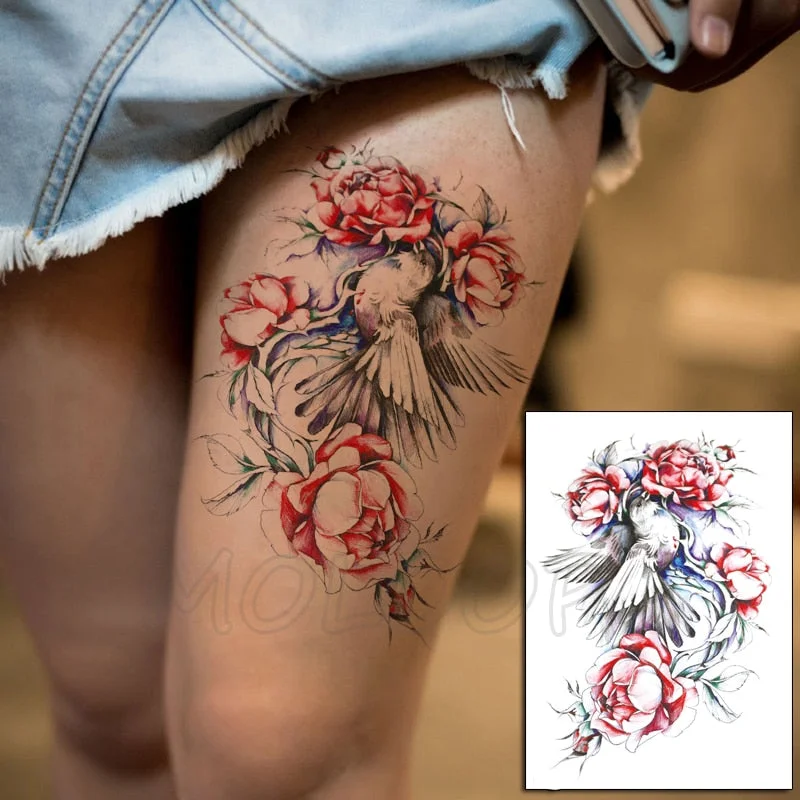 Temporary Tattoo Stickers Rose Sapphire Red Flower Fake Tatto Waterproof Tatoo Back Leg Arm Belly Big Size for Women Men Girl