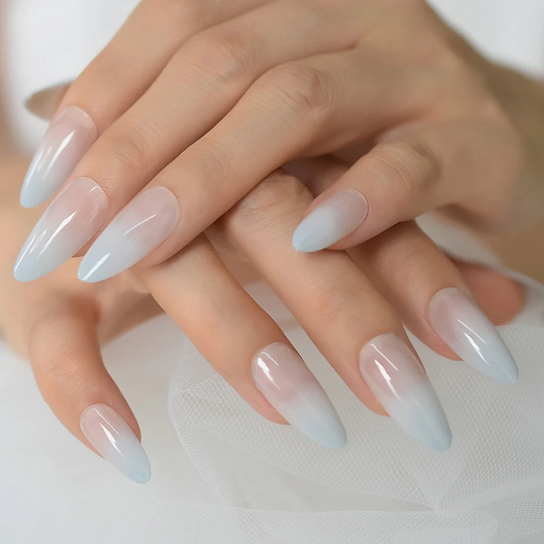 Medium Almond Fadeing Layered Gray&White Gel Tips Decoration Nails False Hand Dummy Stick On Nails Full Cover Nails Charming 24P