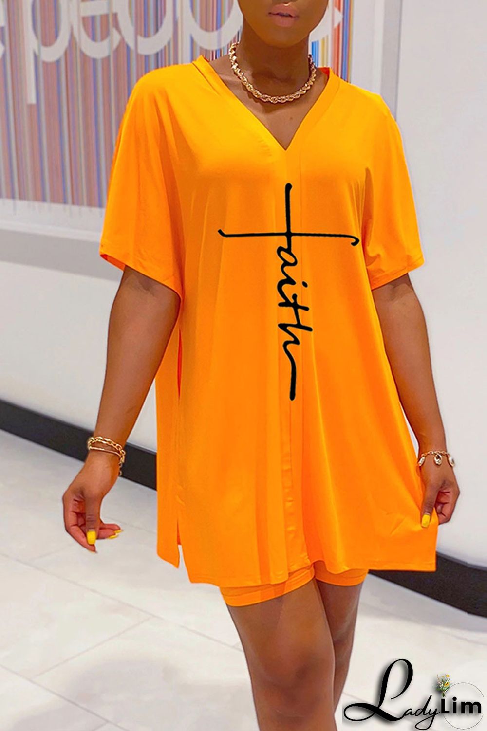 Tangerine Red Casual Print Split Joint V Neck Short Sleeve Two Pieces