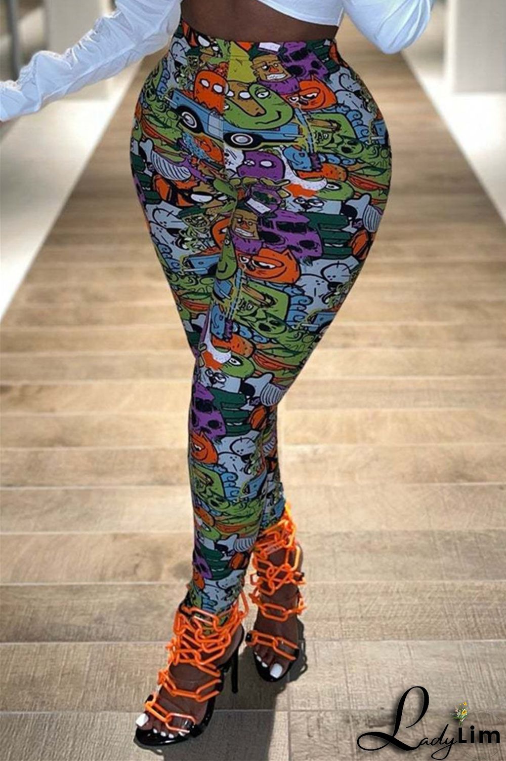 Yellow Fashion Casual Print Basic Skinny High Waist Pencil Trousers