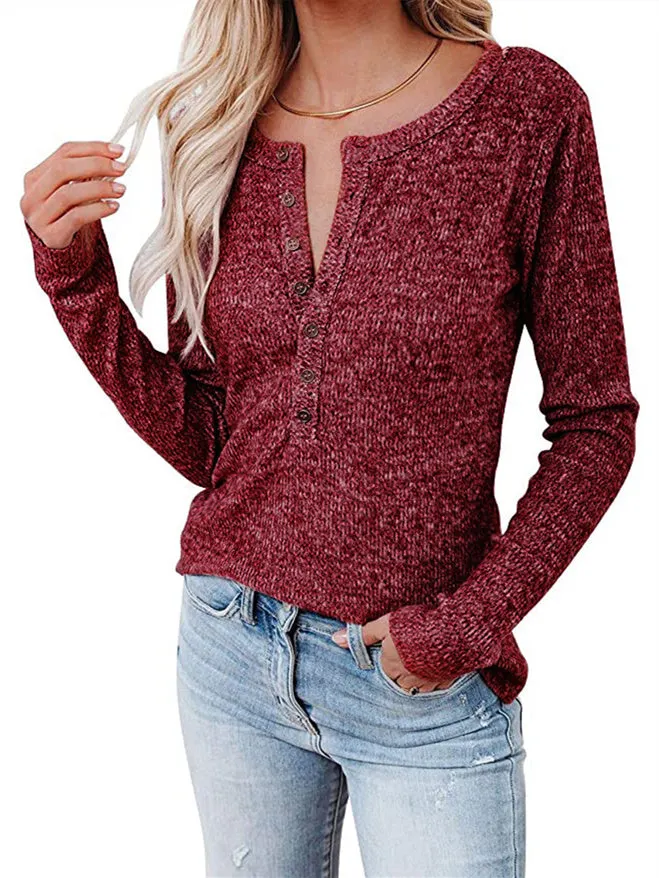 Women Long Sleeve Scoop Neck Solid Color Casual Botton Tops