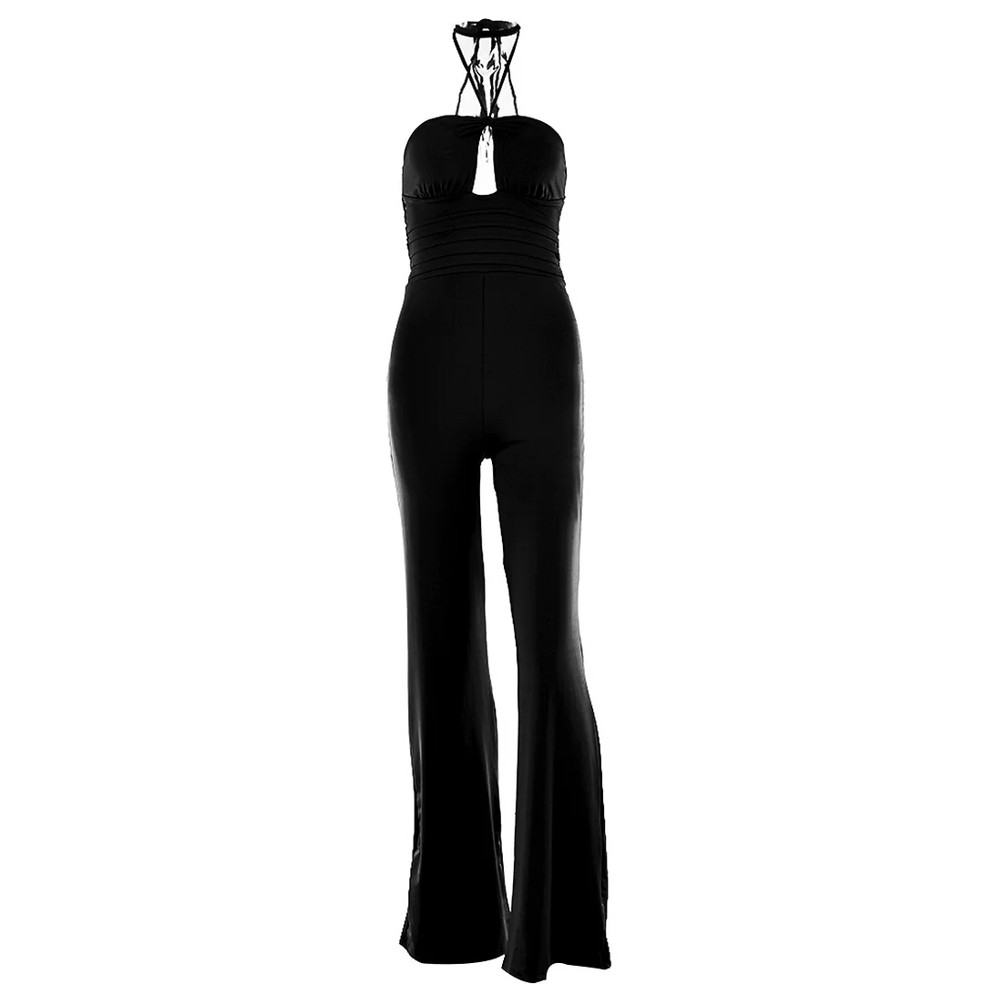 Hollow Tie Up Halter Jumpsuit Wide Leg Straight Pants Women Sleeveless High Waist Backless Romper Holiday Casual Playsuit