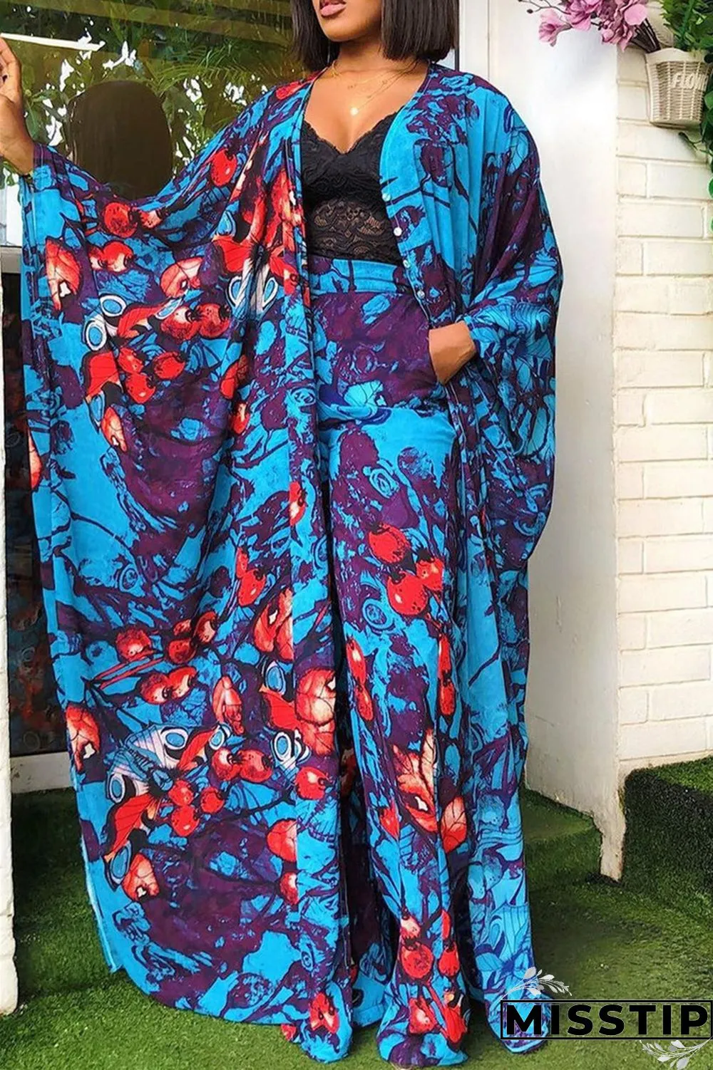 Blue Fashion Casual Print Slit V Neck Long Sleeve Two Pieces