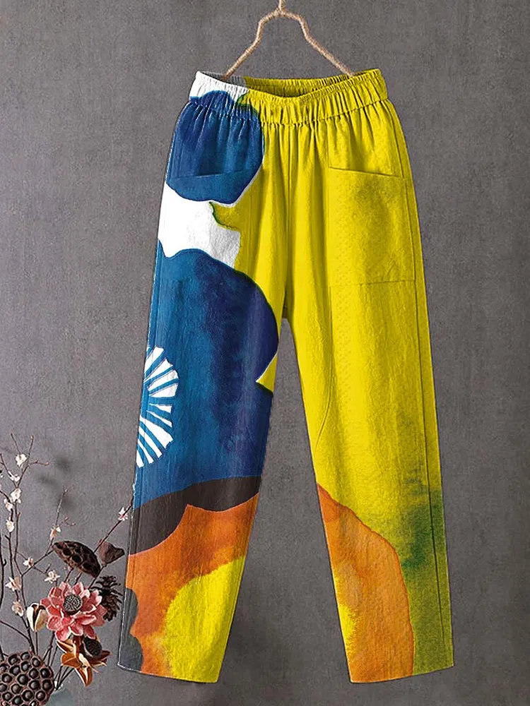 Women's Vintage Floral Art Printed Cotton And Linen Casual Pants