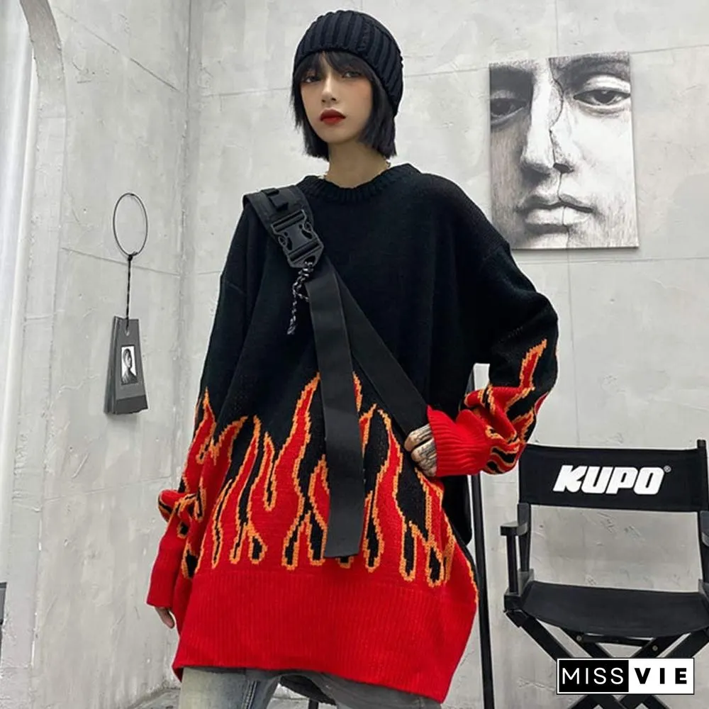 Chic Colorblock Knit Flame Print Sweater