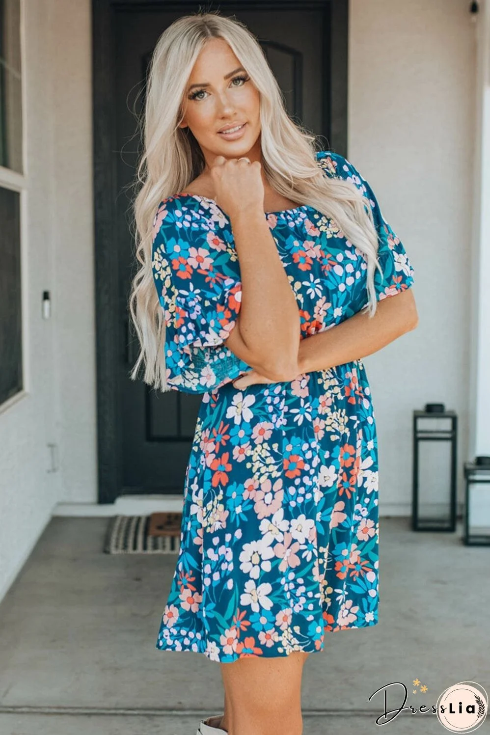 Blue Floral Ruffle Mini Dress with Square Neck