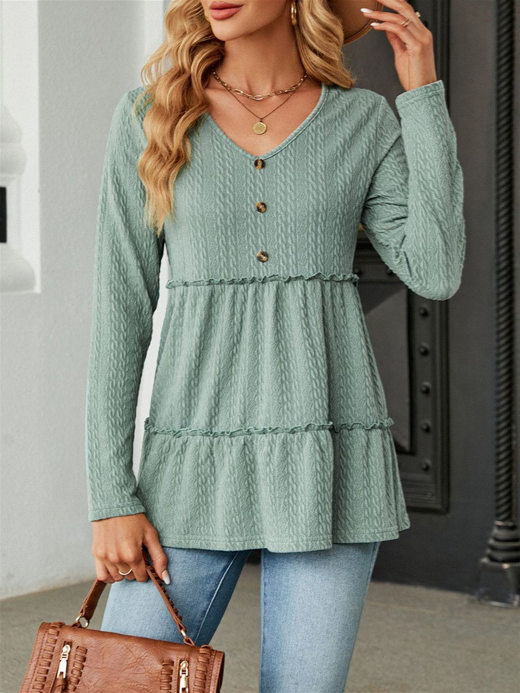 Women's Button Stitching Solid Color V-Neck Long Sleeve Top