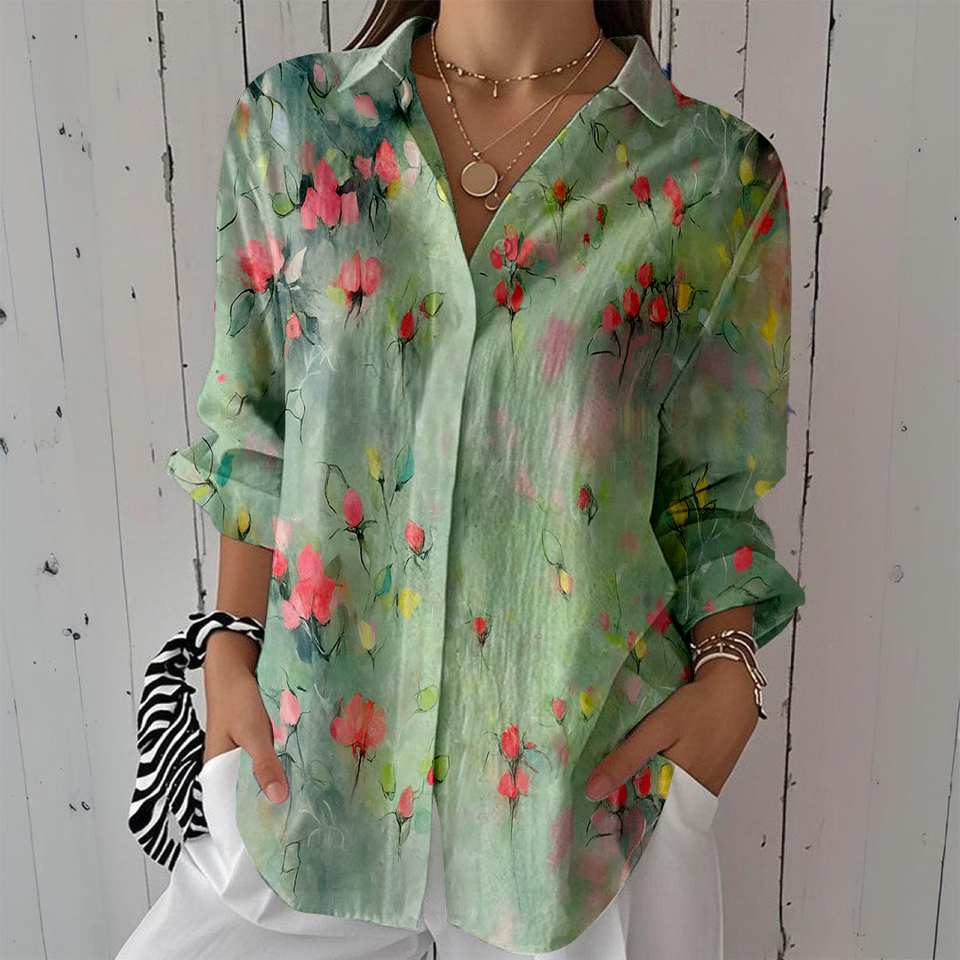 Women Long Sleeve V-neck Graphic Floral Printed Top