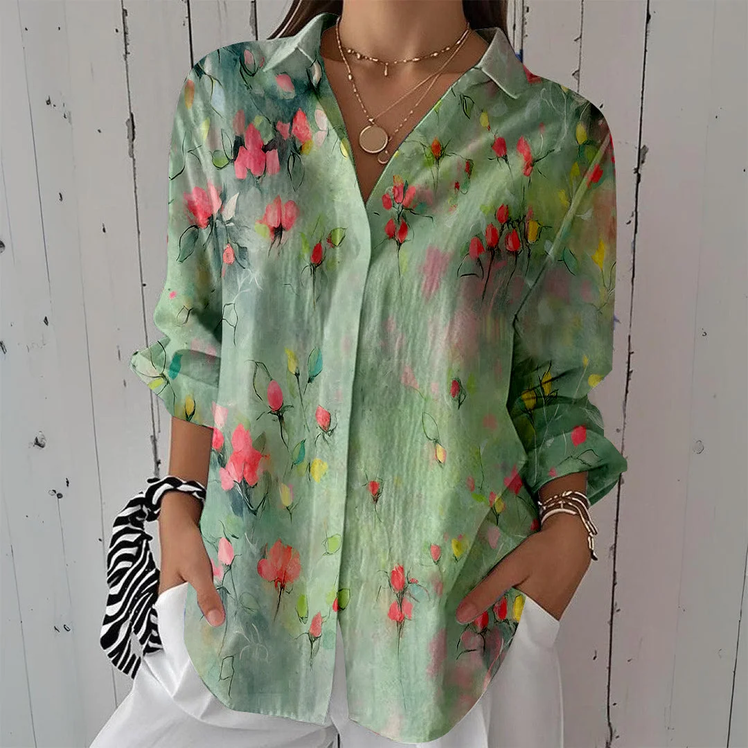 Style & Comfort for Mature Women Women Floral, Green DZCL0339 3/4 Sleeve Shirt Collar Printed Button Tops