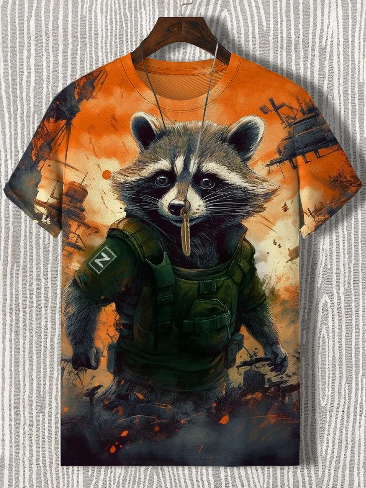 Men's Raccoon Soldier In The Ruins Art Print Casual T-Shirt
