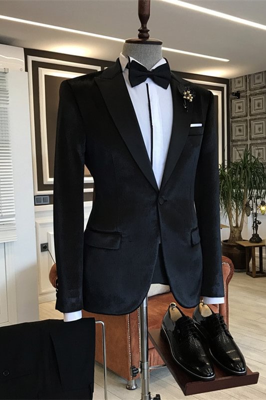 Peaked Lapel Chic Black Velvet One Button Slim Fit Men Suits | Ballbellas Ballbellas