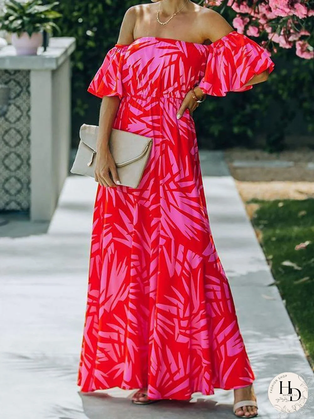 Beach Off Shoulder Red Printed Dress