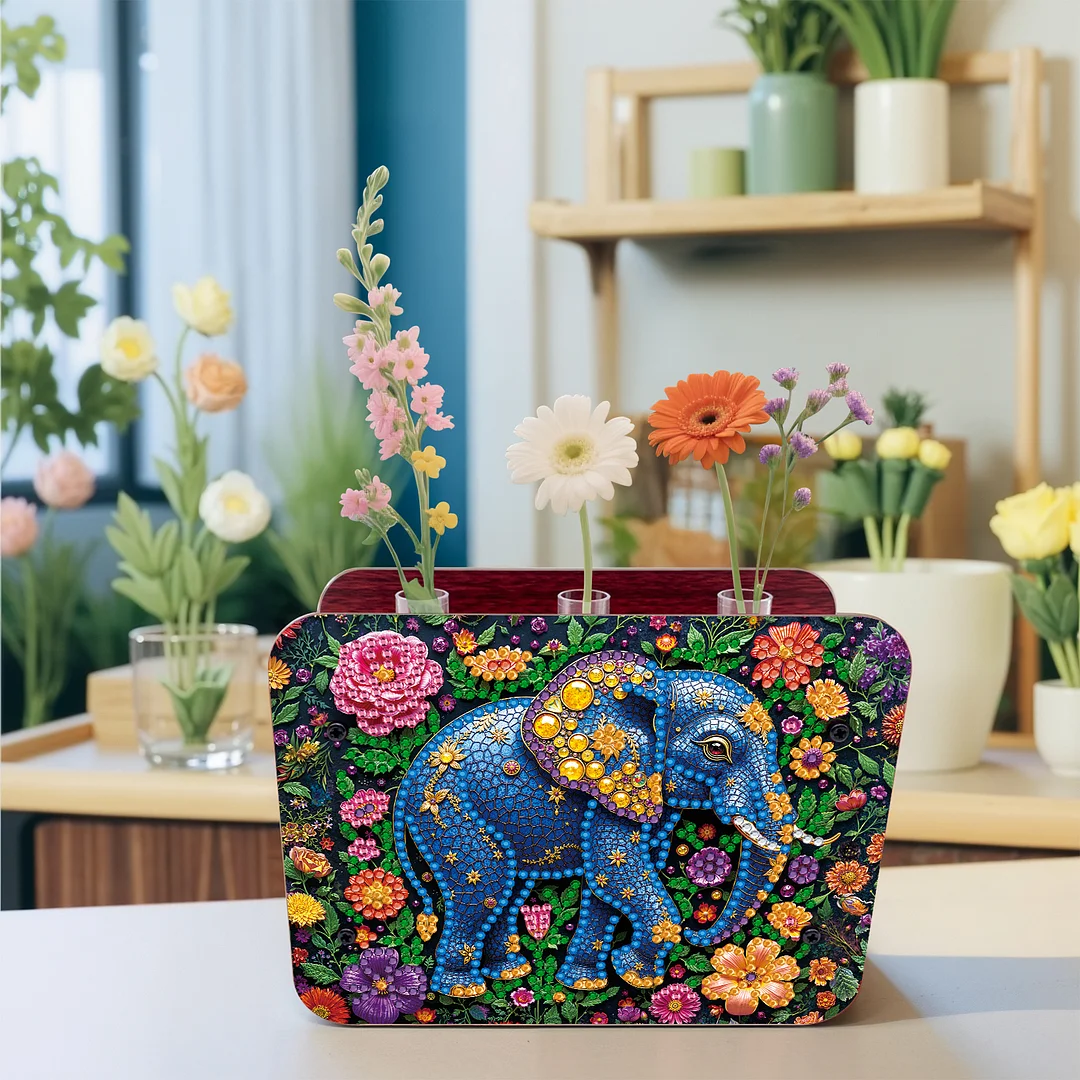 Elephant DIY Flower Vase Wooden Double Sided Desktop Diamond Art Kit Home Decor
