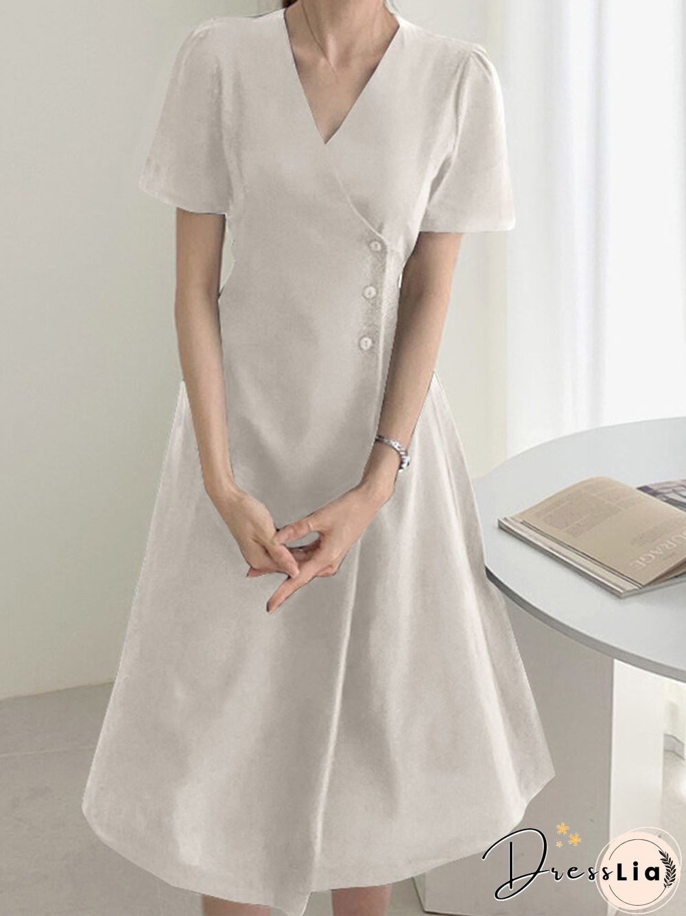 Solid Warp Button Front V-neck Short Sleeve Casual Dress
