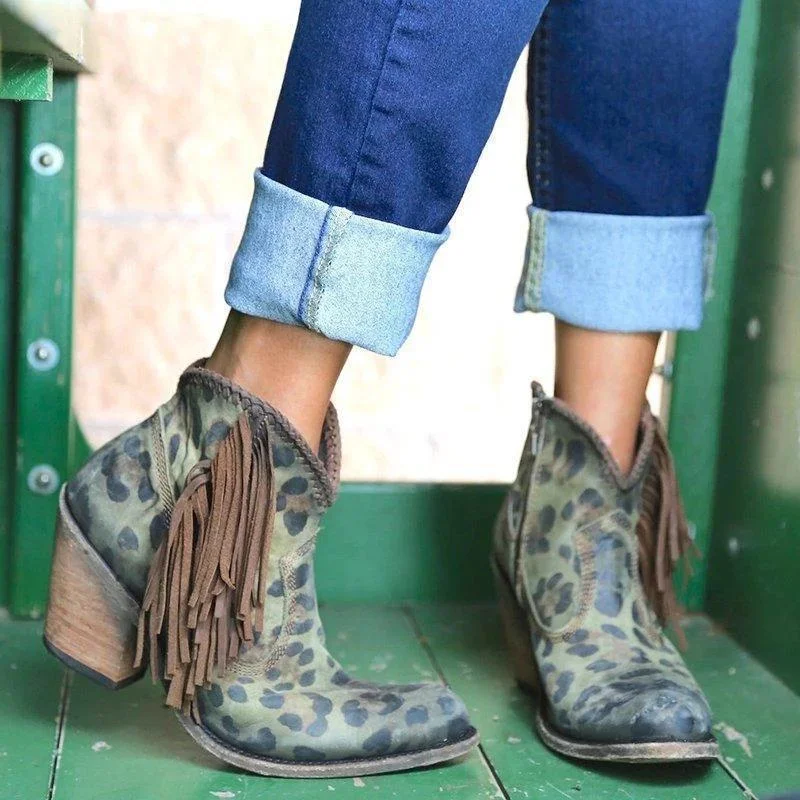Leopard Tassel Low Heel Boots | IFYHOME