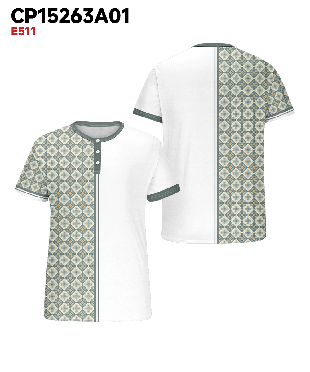 Men's Plus Size Daily Casual Green Stitching Diamond Print Henry Collar Button Short Sleeve T-Shirt