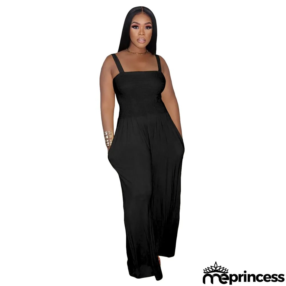 Women'S Solid Casual Strap Sleeveless Wide Leg Jumpsuit