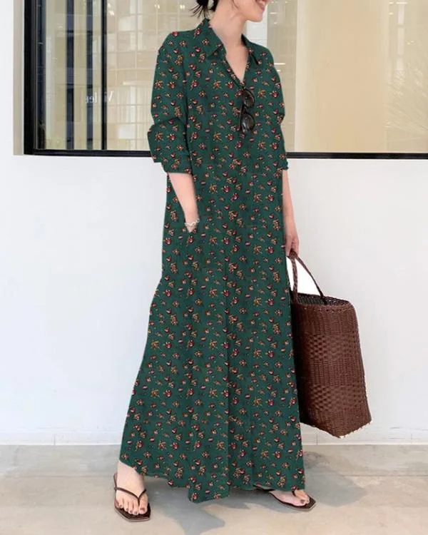 Casual Print Cotton Linen Shirt Collar Long Sleeve Maxi Dress