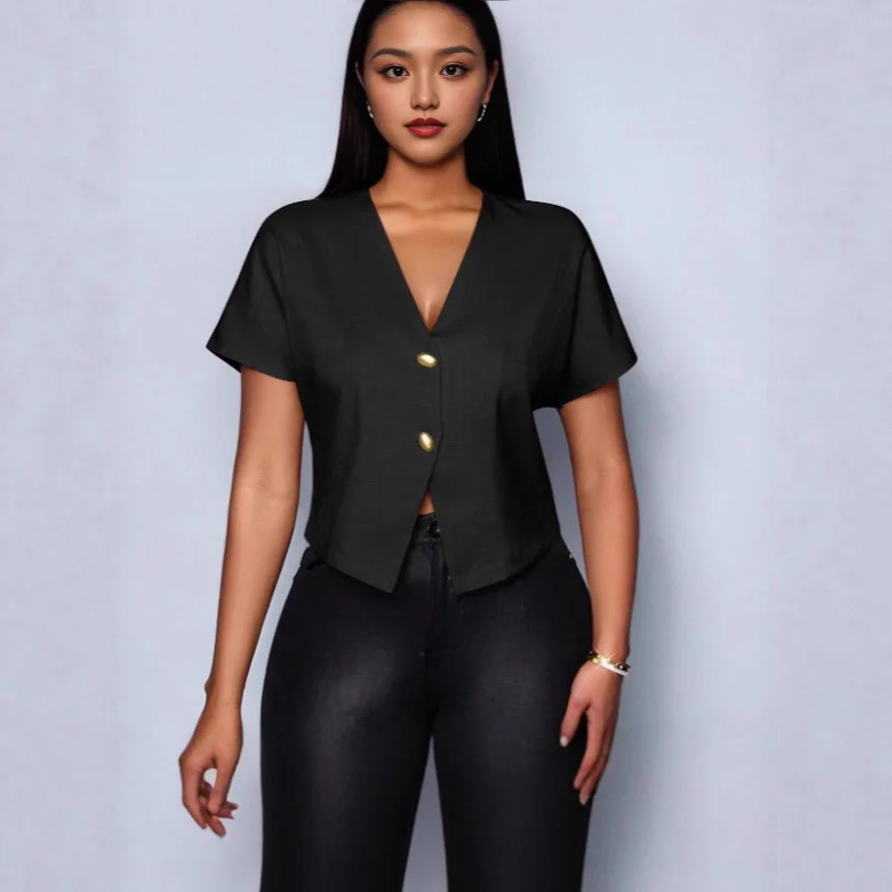 Nigikala Nigikala Solid Color V-Neck Metal Button Asymmetrical Sleeve Shirt