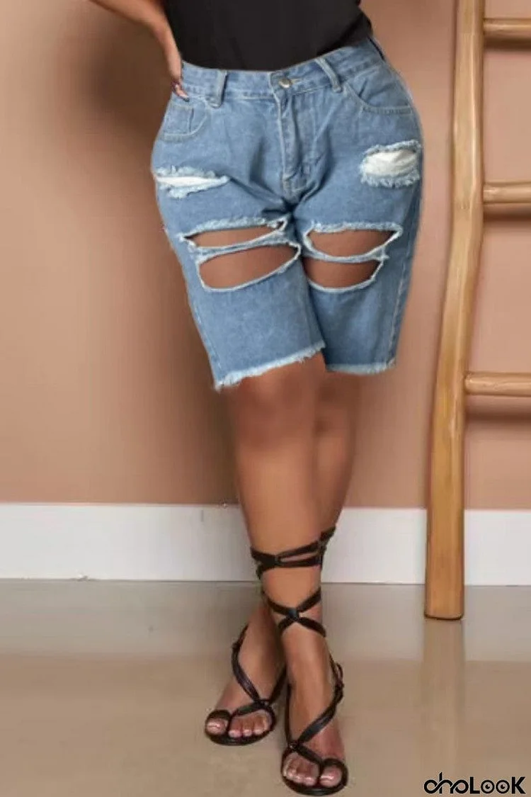 Casual Solid Ripped High Waist Regular Denim Shorts