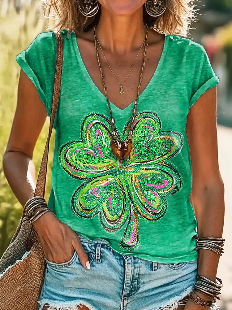 Women's Glitter Clover St. Patrick's Day Print 100%Cotton V-neck T-Shirt
