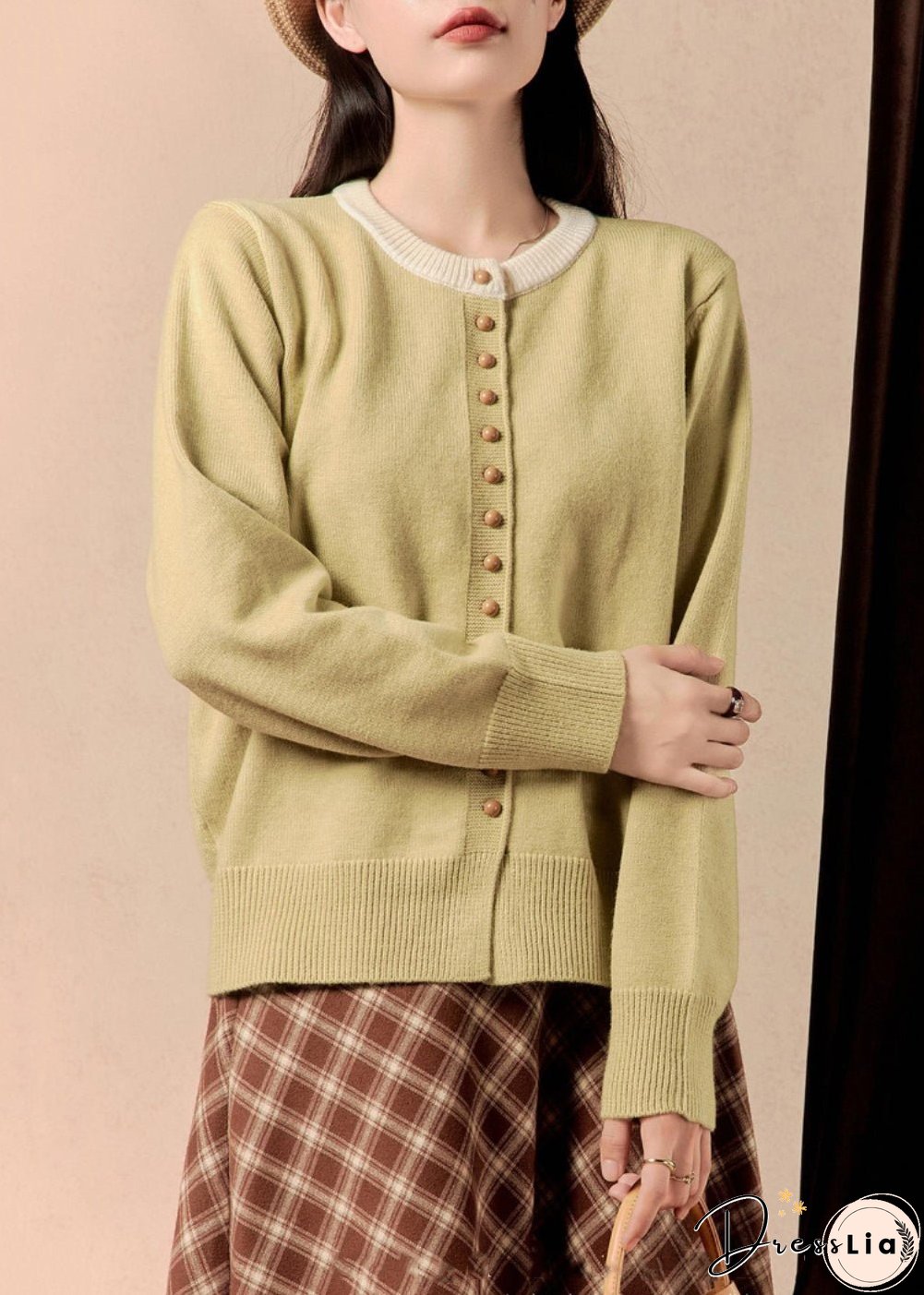 Women Yellow O Neck Button Knit Coats Winter