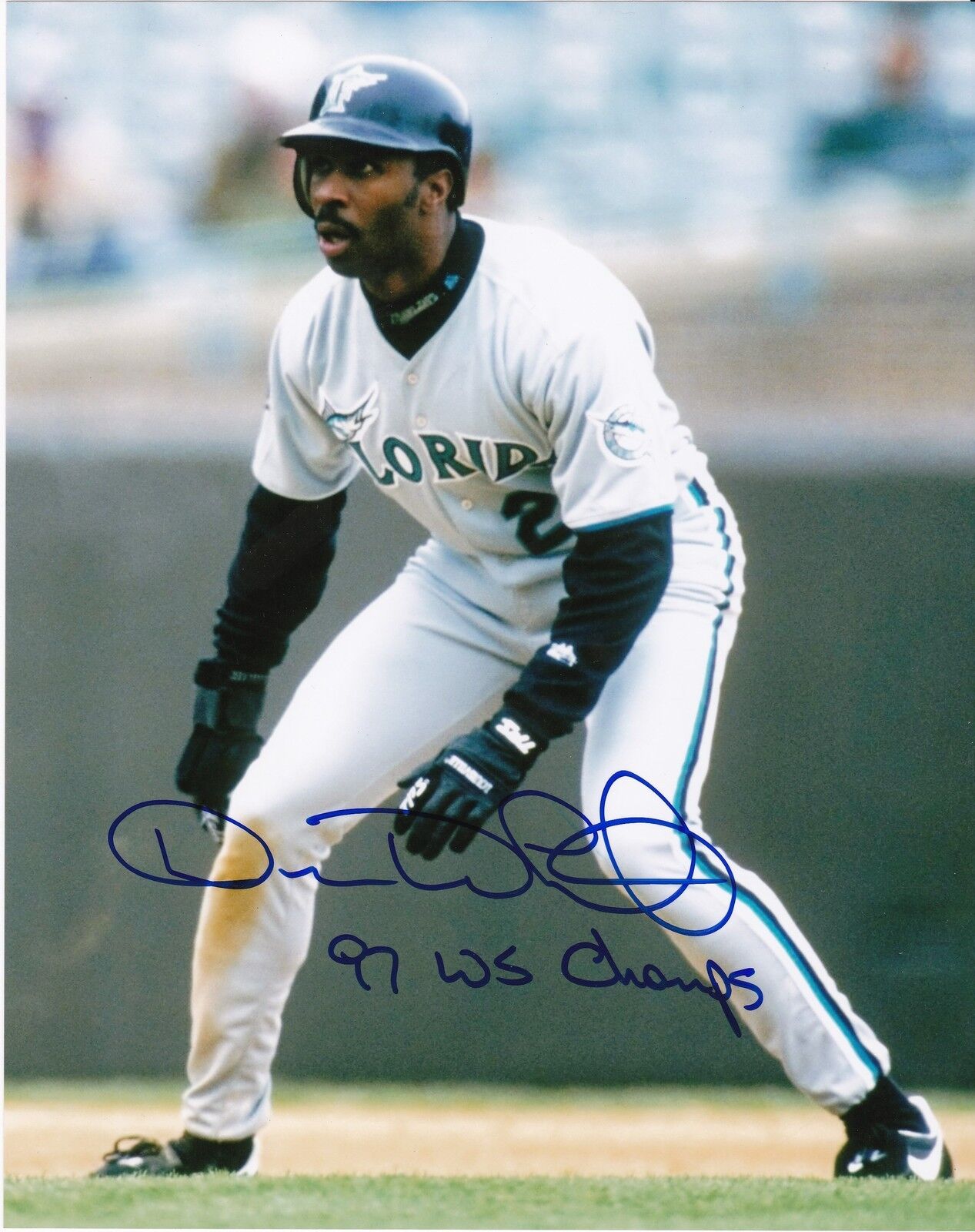 DEVON WHITE FLORIDA MARLINS 97 WS CHAMPS ACTION SIGNED 8x10