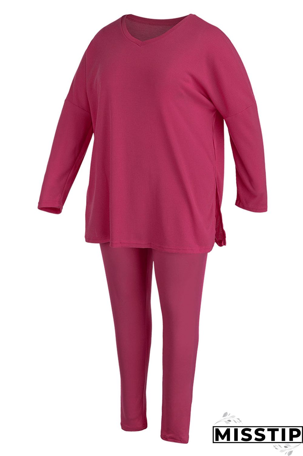 Rose Red Casual Solid Patchwork Slit V Neck Plus Size Two Pieces