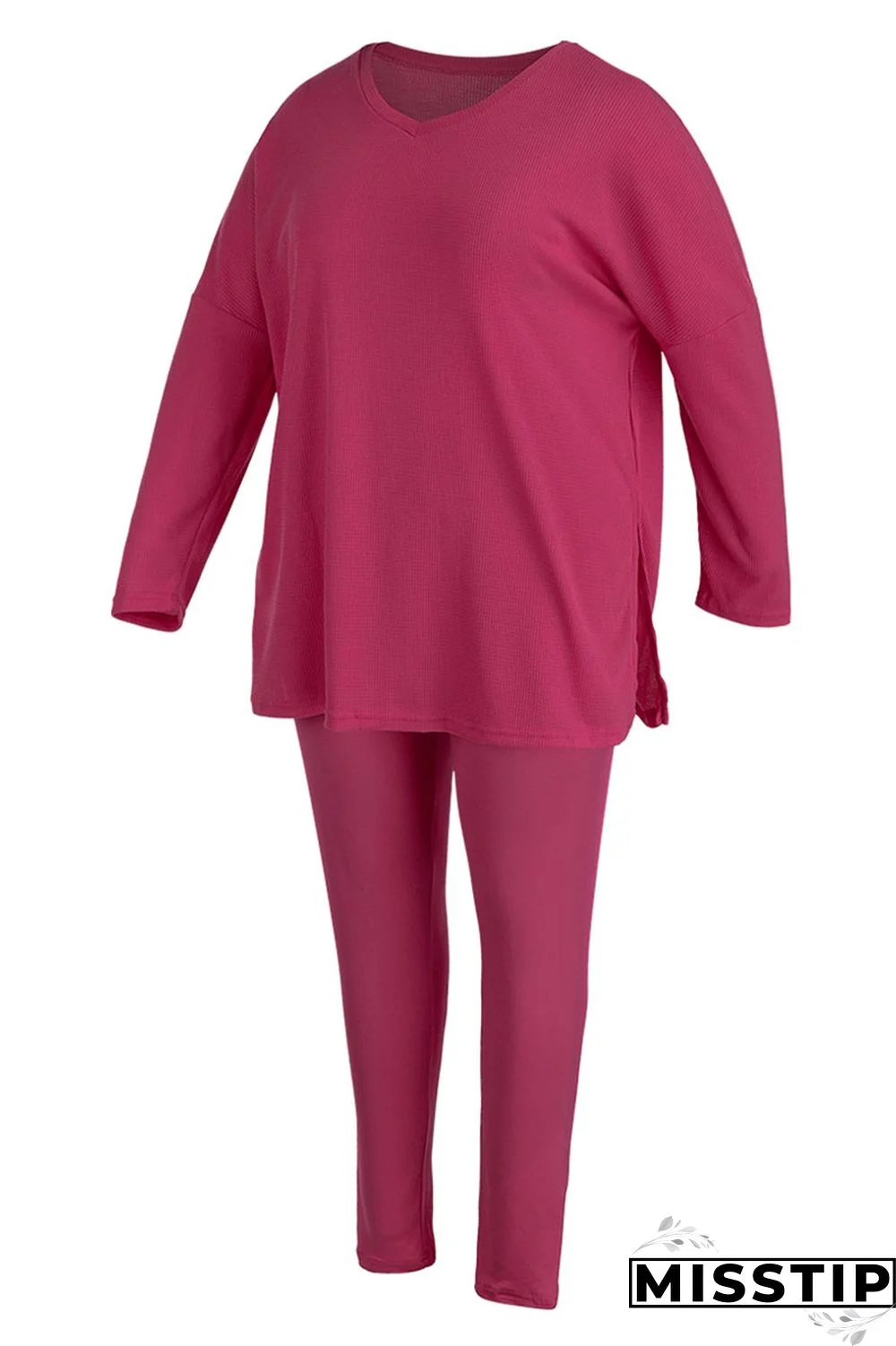 Rose Red Casual Solid Patchwork Slit V Neck Plus Size Two Pieces