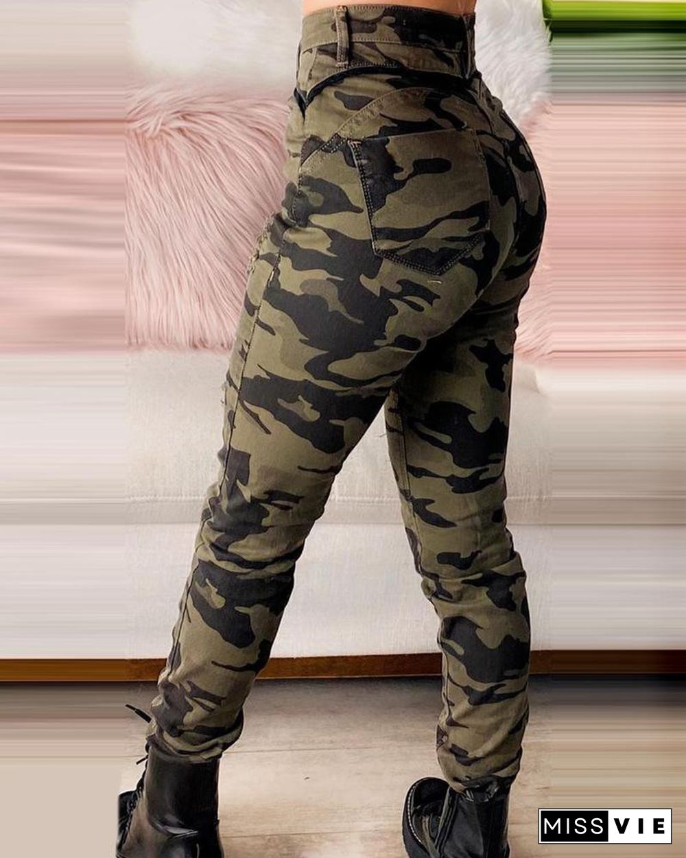 High Waist Camouflage Print Cutout Pants