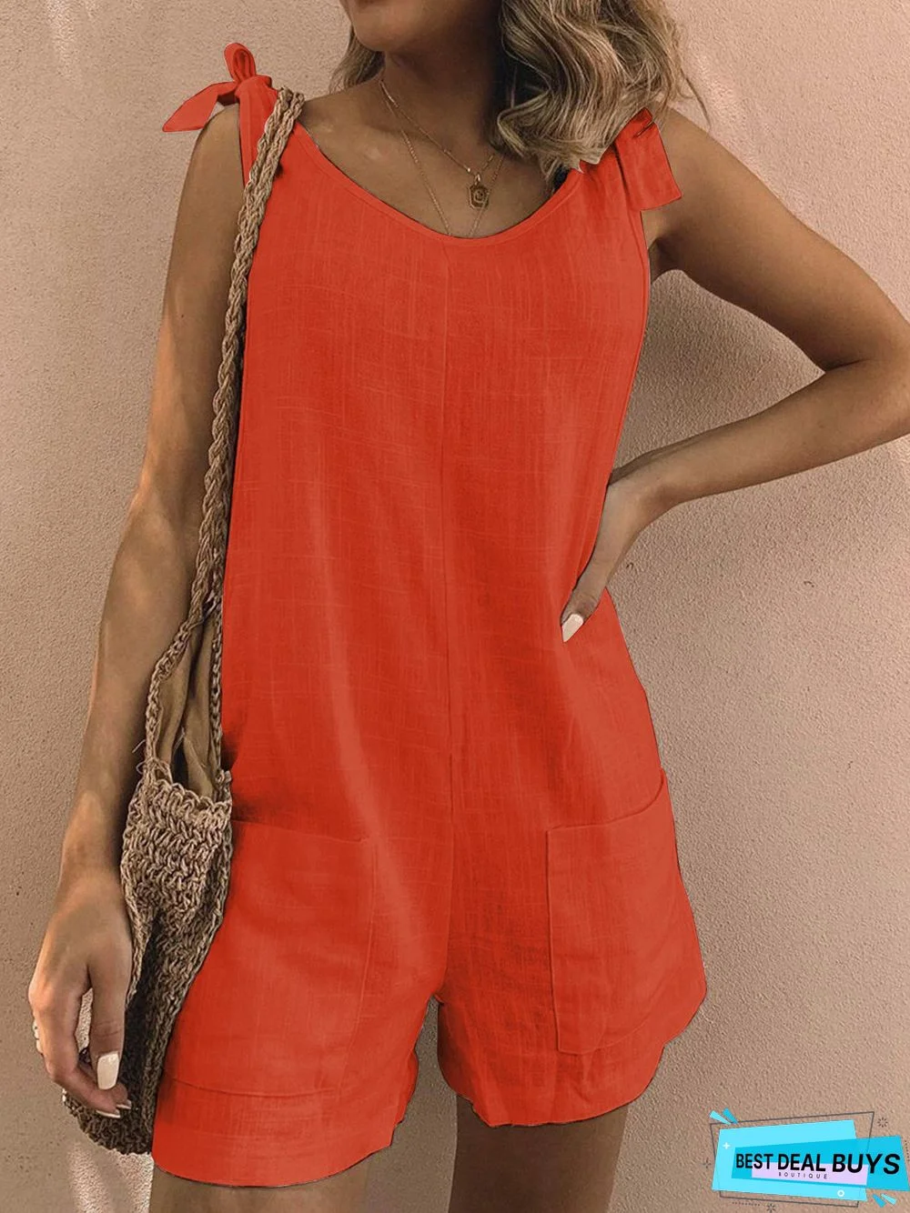 Pockets Sleeveless Casual Linen Romper