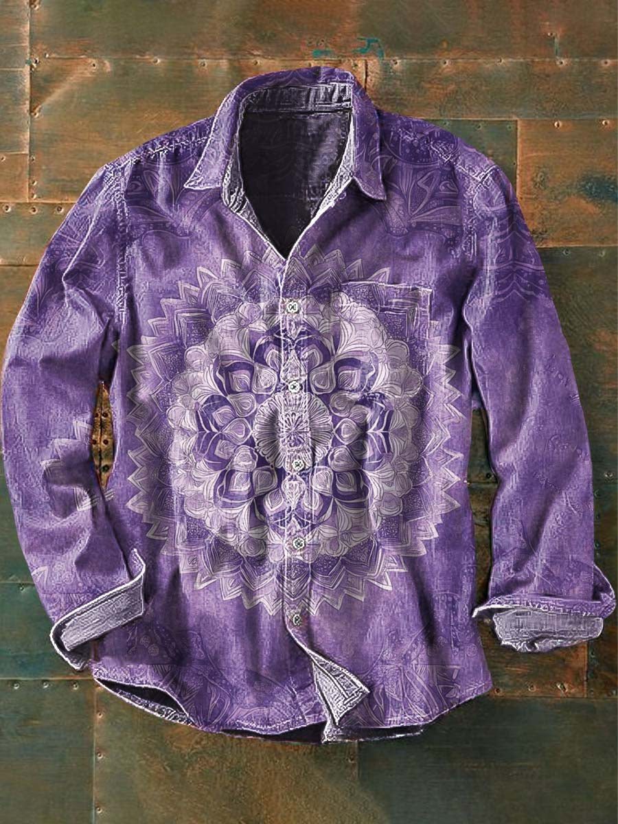 Men's Vintage Mandala Print Casual Lapel Long Sleeve Shirt
