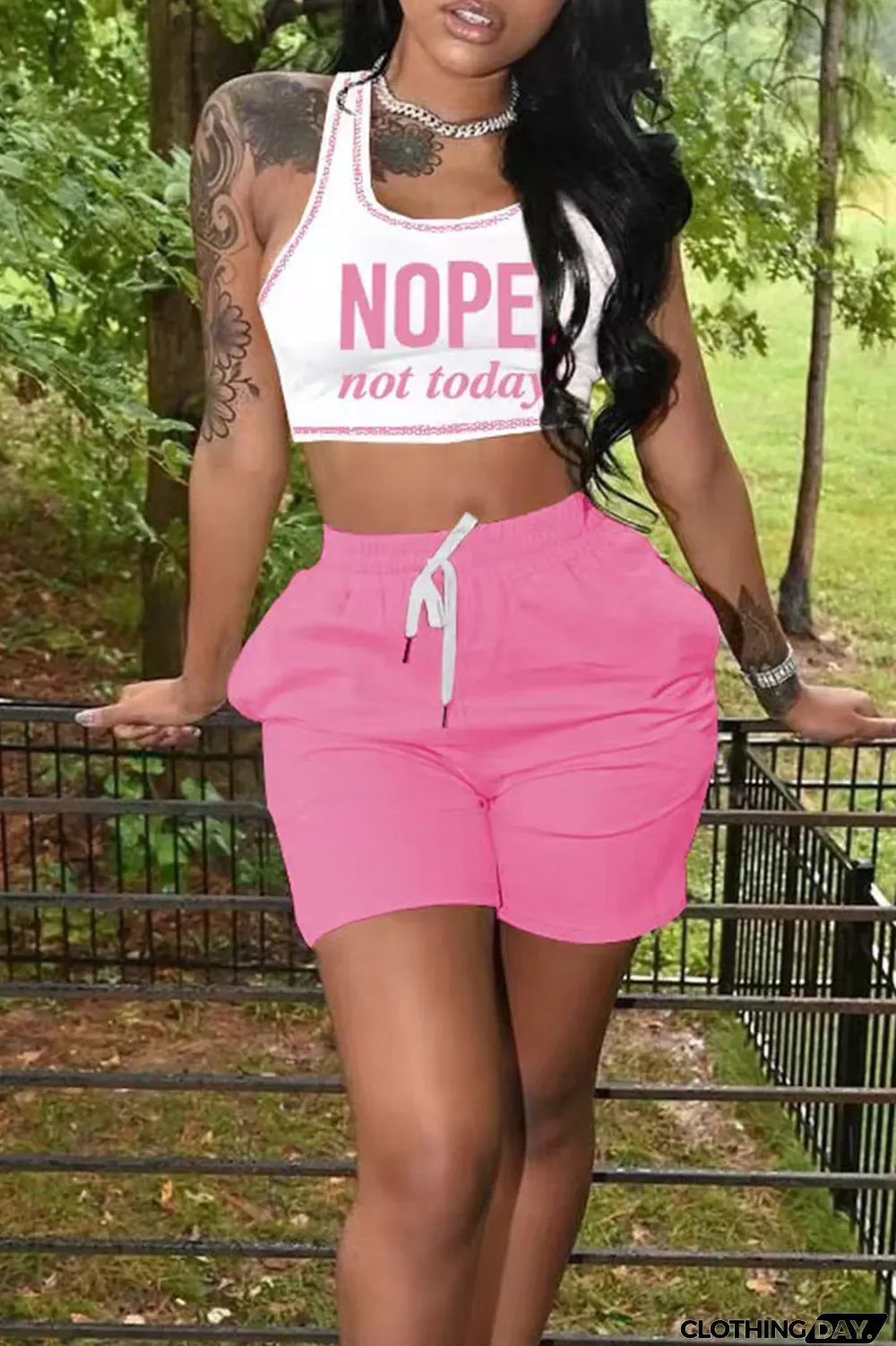 Black Casual Print Split Joint U Neck Sleeveless Two Pieces