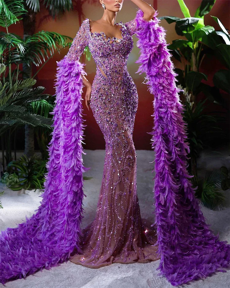 Sexy Purple Square Neck Sequin Embroidered Dress