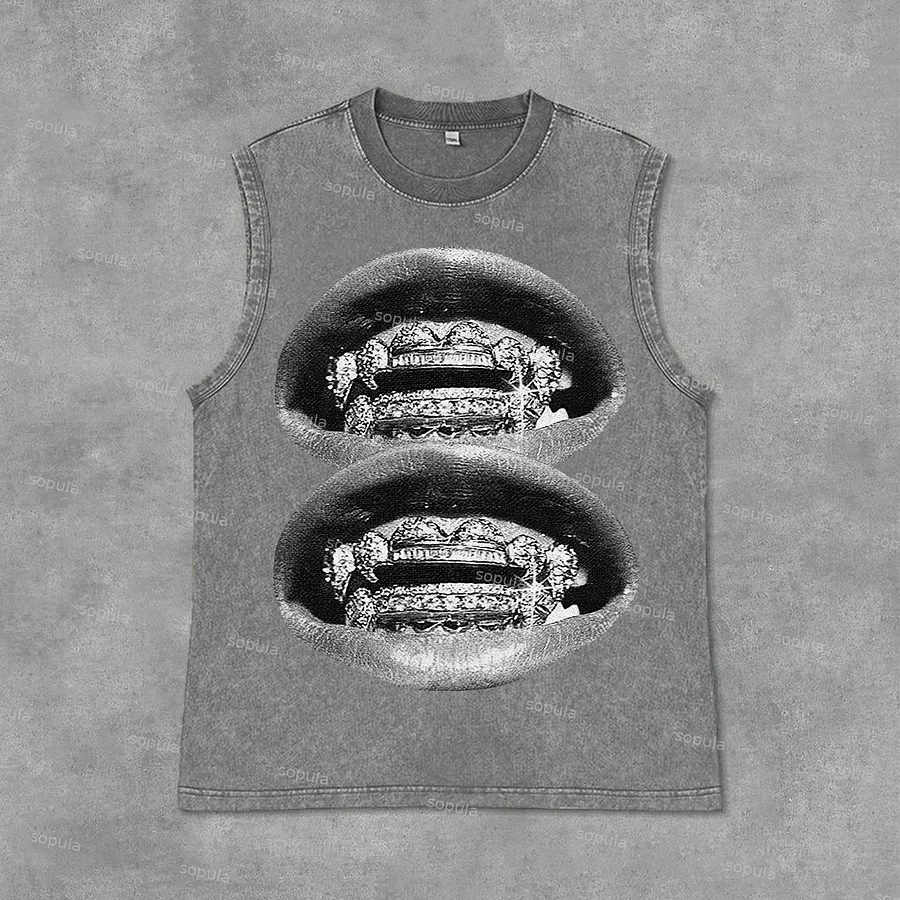 Unisex Lip Graphic Print Casual Acid Washed Sleeveless Tank Top