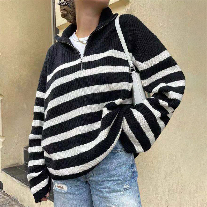 Striped Pullover Zip Sweater