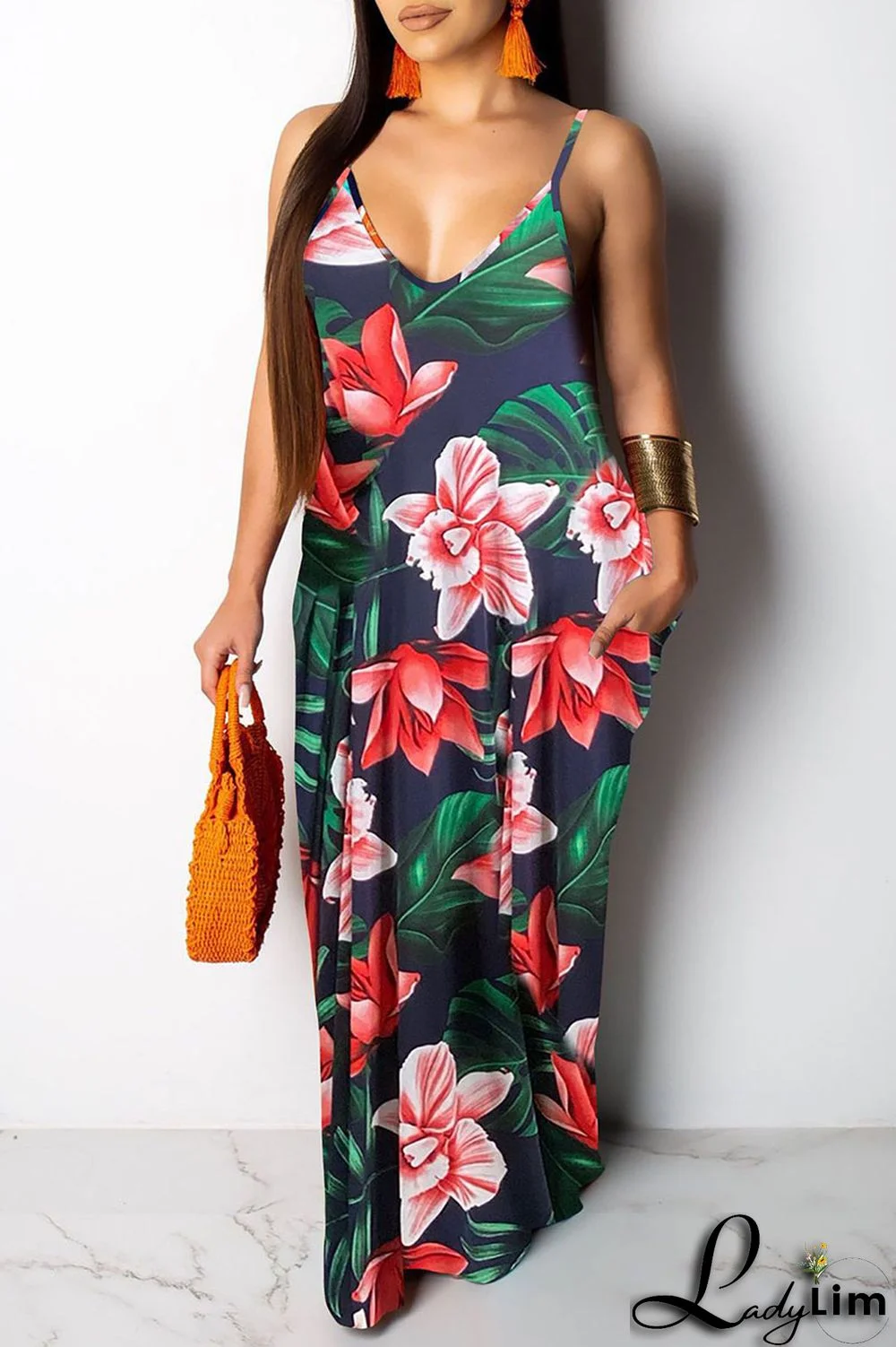 Yellow Sexy Print Patchwork Spaghetti Strap Sling Dress Dresses