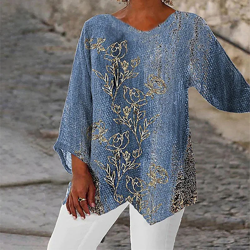 Nigikala Nigikala Women's Clothing 2025 Summer New T-Shirt Casual Loose Irregular Print Long-Sleeved V-Neck Top