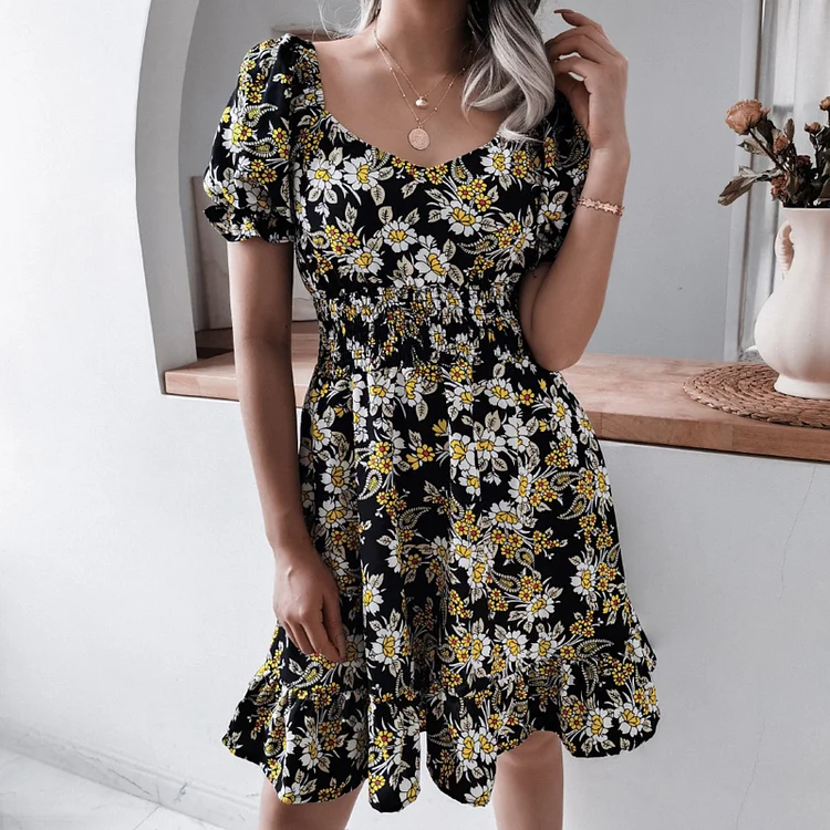 Summer Casual Square Neck Printed Bohemian Style A-Line Mini Dress