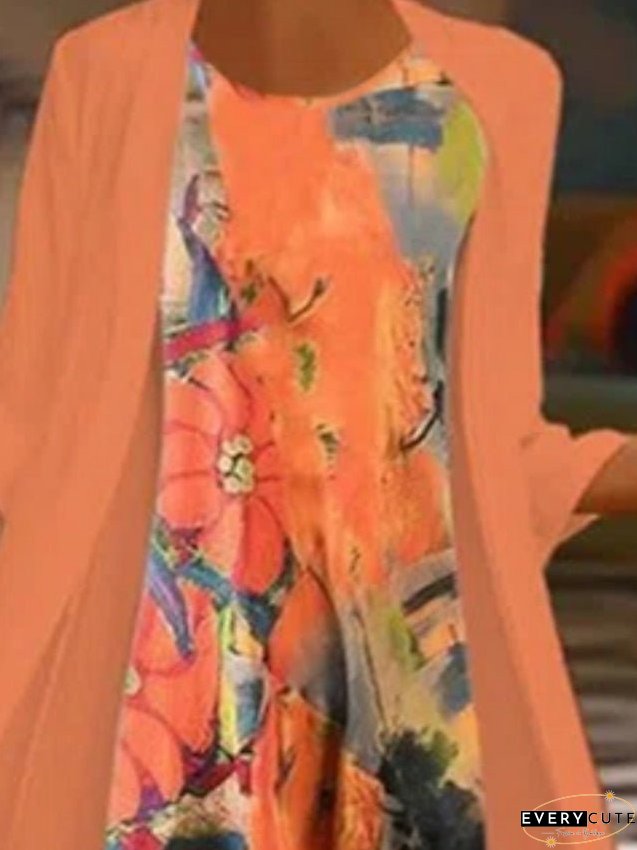 Women's Dress - Dress Set Two Piece Dress Church Dress Midi Dress Orange 3/4 Length Sleeve Floral Print Summer Spring Crew Neck Fashion S M L XL XXL 3XL