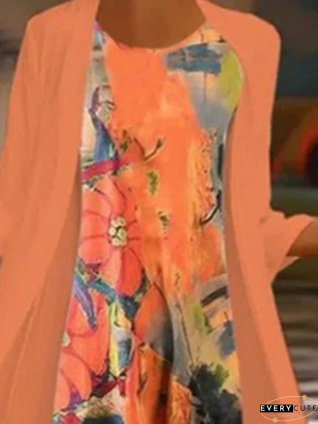 Women's Dress - Dress Set Two Piece Dress Church Dress Midi Dress Orange 3/4 Length Sleeve Floral Print Summer Spring Crew Neck Fashion S M L XL XXL 3XL