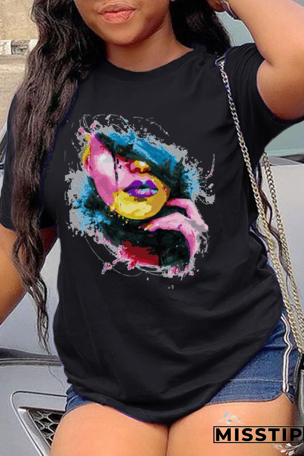 Black Casual Vintage Print Patchwork O Neck T-Shirts